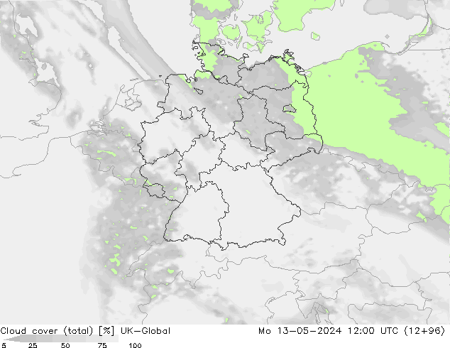 Cloud cover (total) UK-Global Mo 13.05.2024 12 UTC