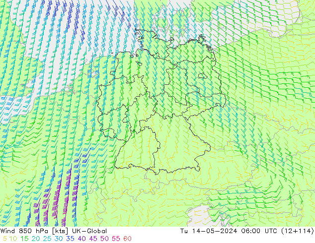 Wind 850 hPa UK-Global di 14.05.2024 06 UTC