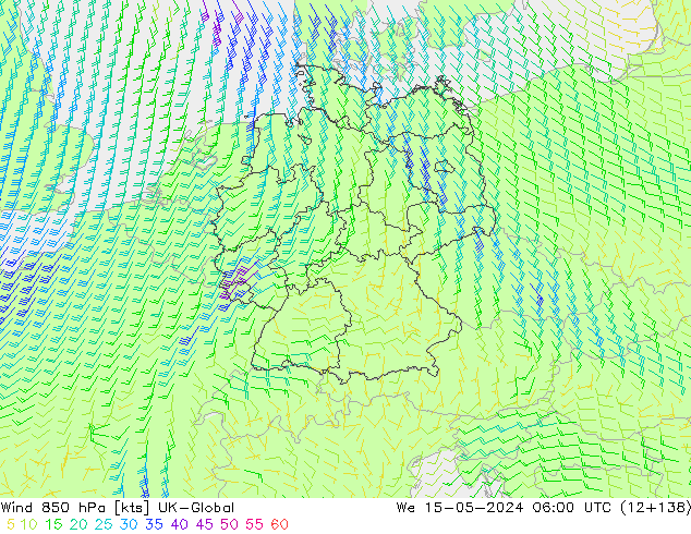 Wind 850 hPa UK-Global wo 15.05.2024 06 UTC