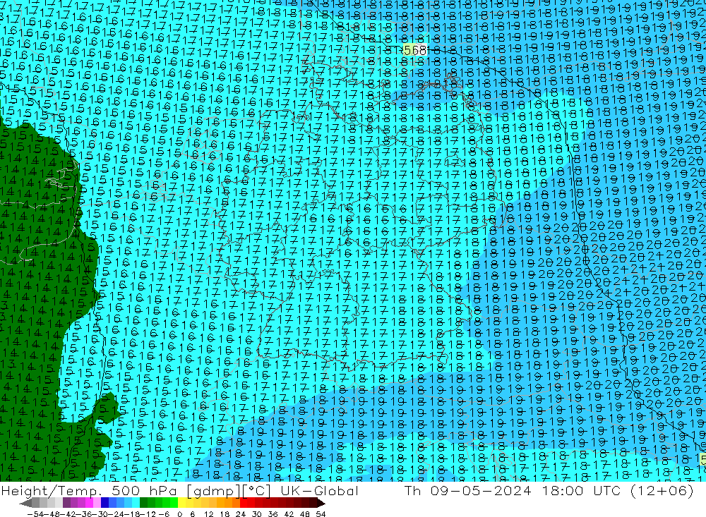 Height/Temp. 500 hPa UK-Global 星期四 09.05.2024 18 UTC