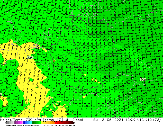 Height/Temp. 700 hPa UK-Global  12.05.2024 12 UTC