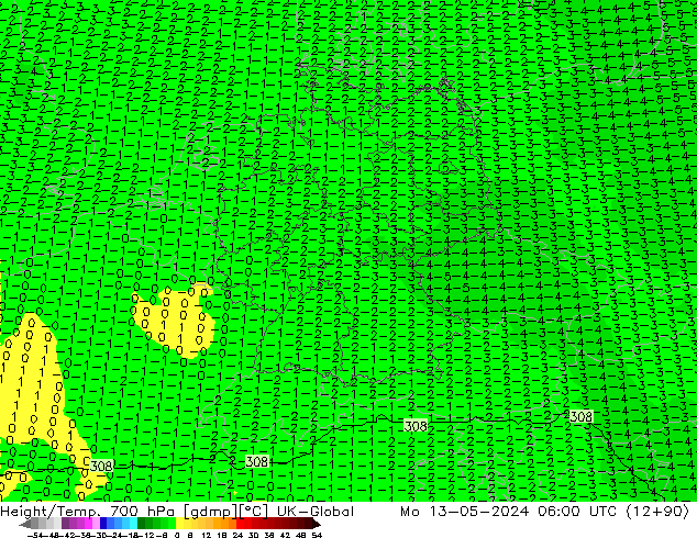 Height/Temp. 700 hPa UK-Global Mo 13.05.2024 06 UTC