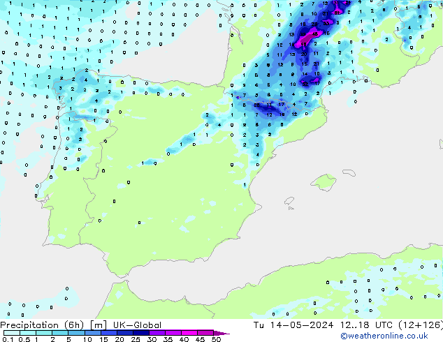 Precipitation (6h) UK-Global Tu 14.05.2024 18 UTC