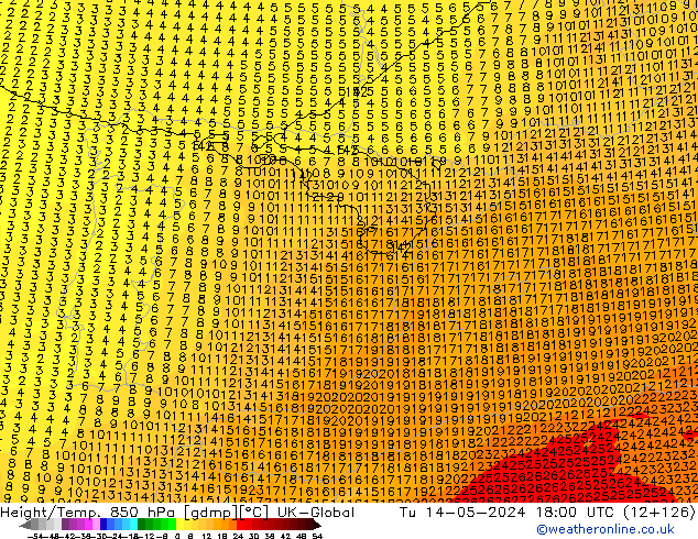 Hoogte/Temp. 850 hPa UK-Global di 14.05.2024 18 UTC