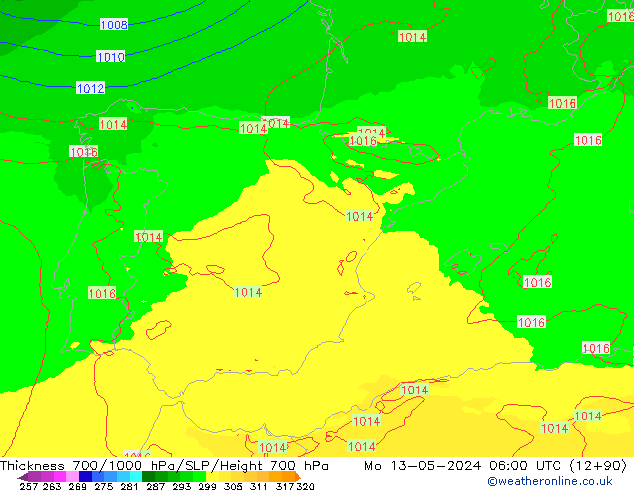 700-1000 hPa Kalınlığı UK-Global Pzt 13.05.2024 06 UTC