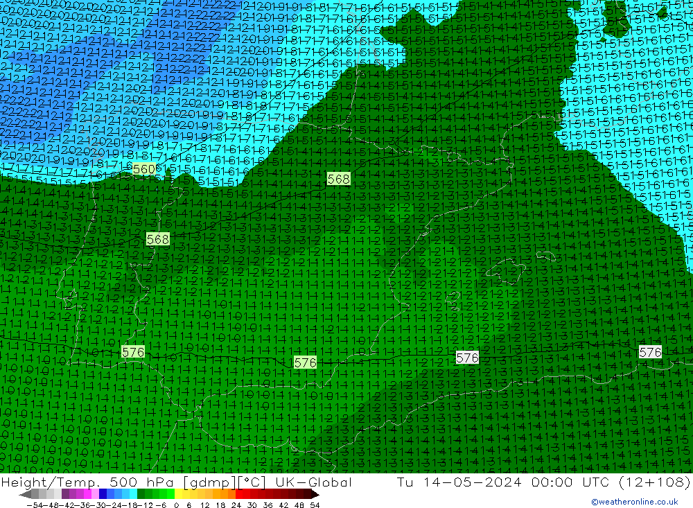 Height/Temp. 500 hPa UK-Global Tu 14.05.2024 00 UTC