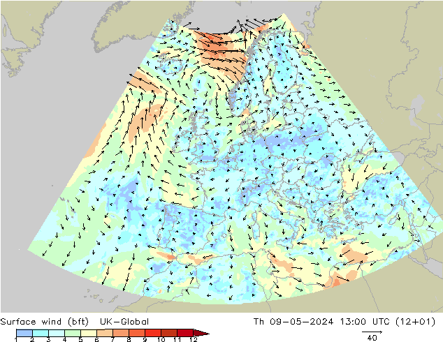 Bodenwind (bft) UK-Global Do 09.05.2024 13 UTC