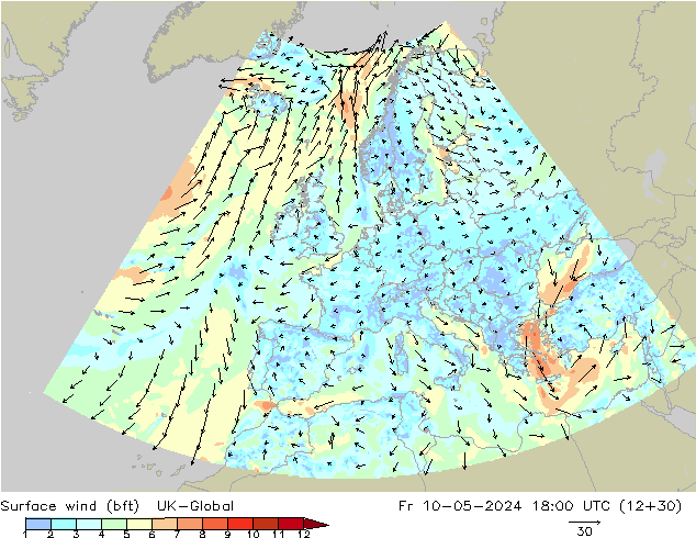 Surface wind (bft) UK-Global Fr 10.05.2024 18 UTC