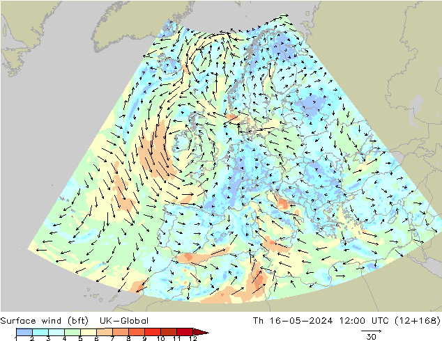 Surface wind (bft) UK-Global Th 16.05.2024 12 UTC