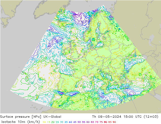 Isotachs (kph) UK-Global Th 09.05.2024 15 UTC