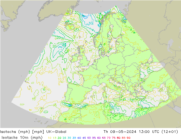 Isotaca (mph) UK-Global jue 09.05.2024 13 UTC