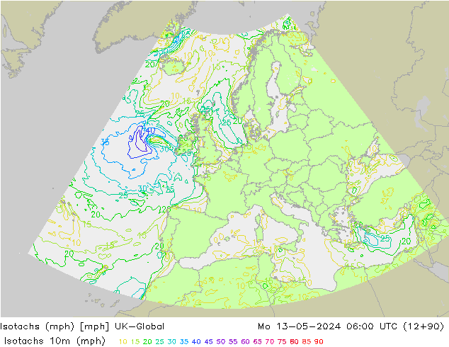 Isotachs (mph) UK-Global пн 13.05.2024 06 UTC