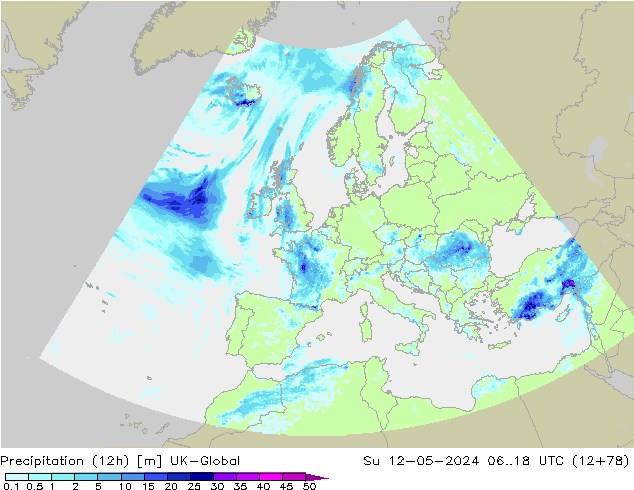 Precipitation (12h) UK-Global Su 12.05.2024 18 UTC