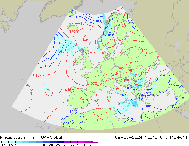 Precipitation UK-Global Th 09.05.2024 13 UTC