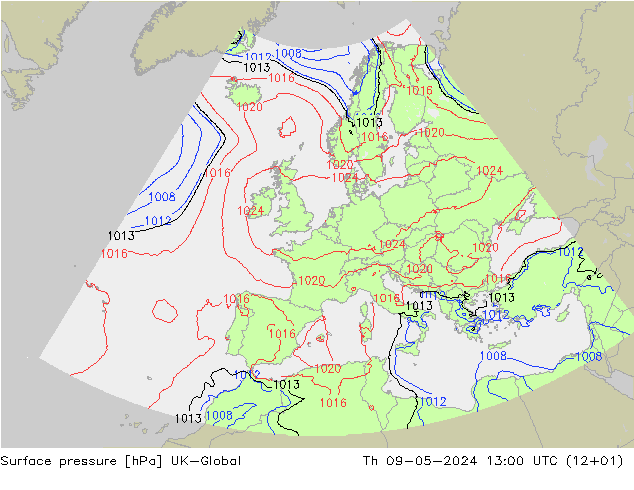 Presión superficial UK-Global jue 09.05.2024 13 UTC