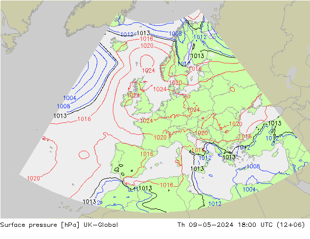 Pressione al suolo UK-Global gio 09.05.2024 18 UTC