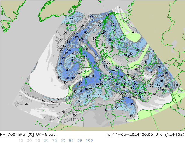 Humedad rel. 700hPa UK-Global mar 14.05.2024 00 UTC