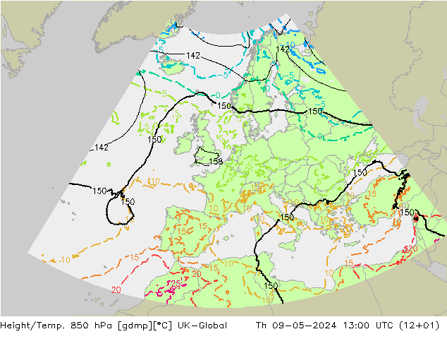 Height/Temp. 850 hPa UK-Global 星期四 09.05.2024 13 UTC