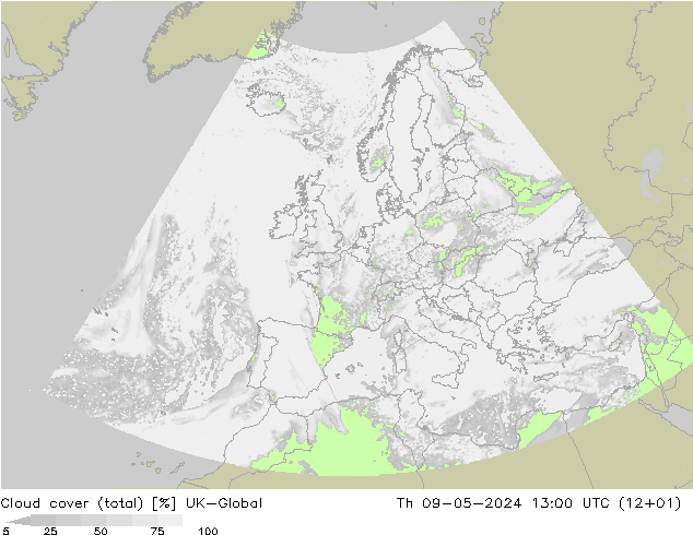 Cloud cover (total) UK-Global Th 09.05.2024 13 UTC