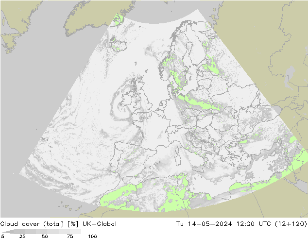 Wolken (gesamt) UK-Global Di 14.05.2024 12 UTC