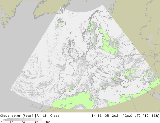 Cloud cover (total) UK-Global Th 16.05.2024 12 UTC