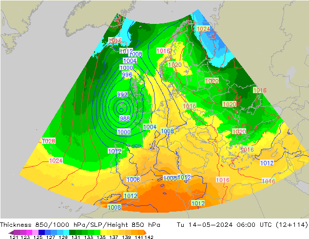 Schichtdicke 850-1000 hPa UK-Global Di 14.05.2024 06 UTC