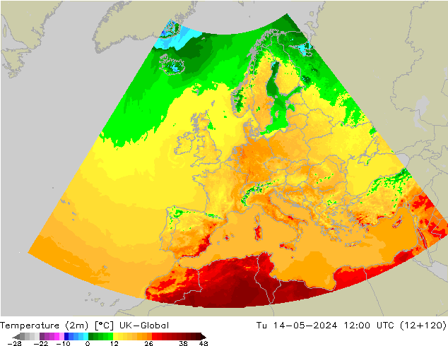 Temperaturkarte (2m) UK-Global Di 14.05.2024 12 UTC