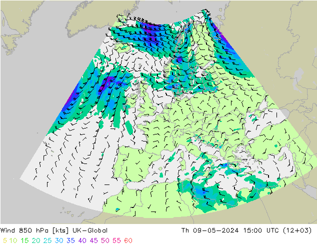 风 850 hPa UK-Global 星期四 09.05.2024 15 UTC