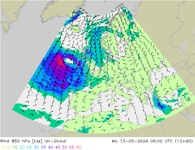 Wind 850 hPa UK-Global Po 13.05.2024 06 UTC