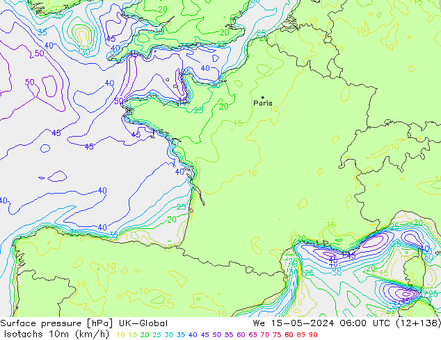 Eşrüzgar Hızları (km/sa) UK-Global Çar 15.05.2024 06 UTC