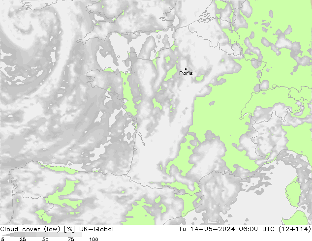 Cloud cover (low) UK-Global Tu 14.05.2024 06 UTC
