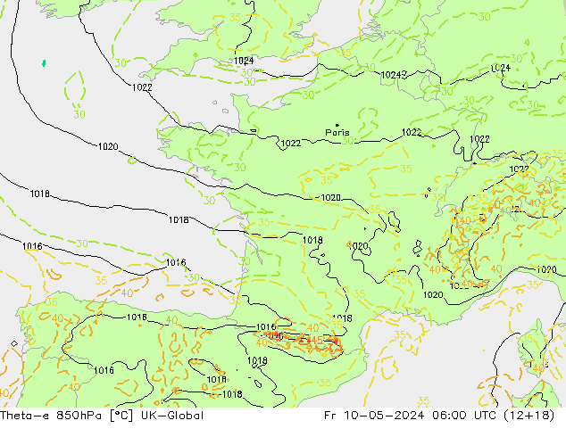 Theta-e 850hPa UK-Global Fr 10.05.2024 06 UTC