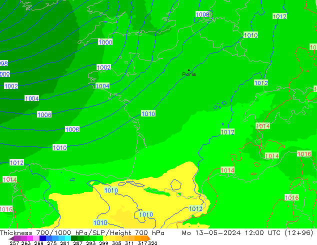 Thck 700-1000 hPa UK-Global Po 13.05.2024 12 UTC