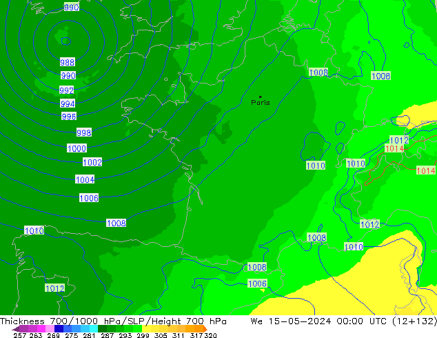 700-1000 hPa Kalınlığı UK-Global Çar 15.05.2024 00 UTC