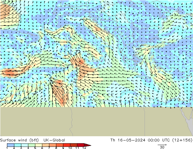 Surface wind (bft) UK-Global Čt 16.05.2024 00 UTC