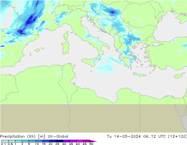 Precipitation (6h) UK-Global Út 14.05.2024 12 UTC