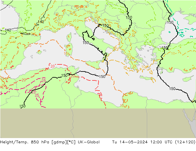 Hoogte/Temp. 850 hPa UK-Global di 14.05.2024 12 UTC