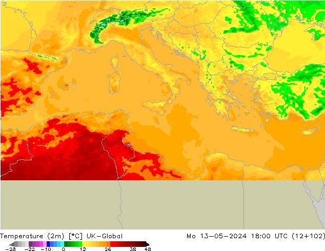 mapa temperatury (2m) UK-Global pon. 13.05.2024 18 UTC