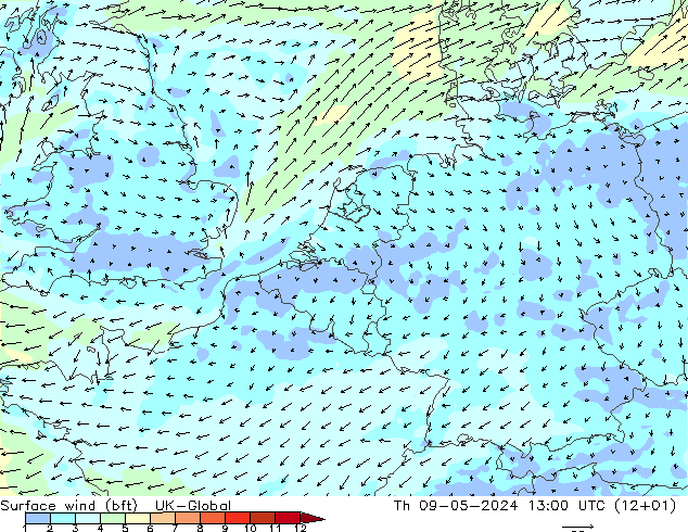 Surface wind (bft) UK-Global Th 09.05.2024 13 UTC