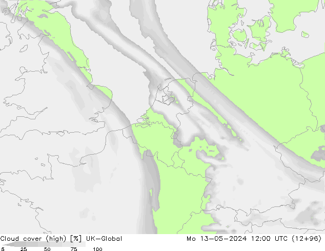 Cloud cover (high) UK-Global Mo 13.05.2024 12 UTC