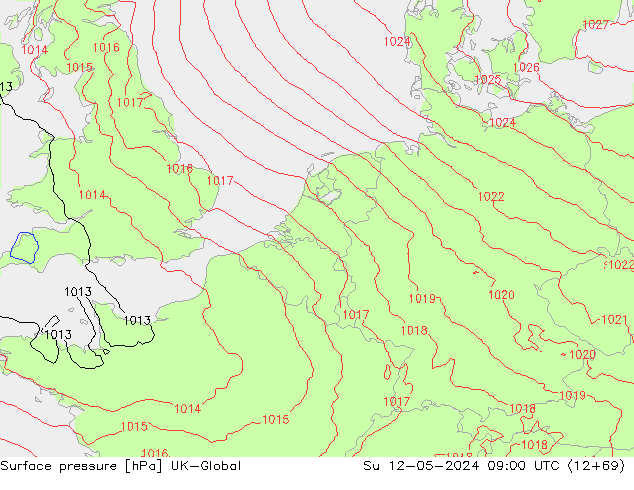 Pressione al suolo UK-Global dom 12.05.2024 09 UTC