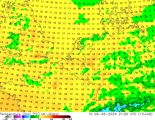 Temperatura (2m) UK-Global jue 09.05.2024 21 UTC