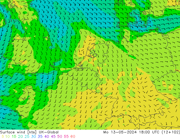 Surface wind UK-Global Mo 13.05.2024 18 UTC
