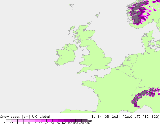 Snow accu. UK-Global Tu 14.05.2024 12 UTC