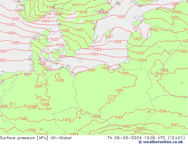 Surface pressure UK-Global Th 09.05.2024 13 UTC