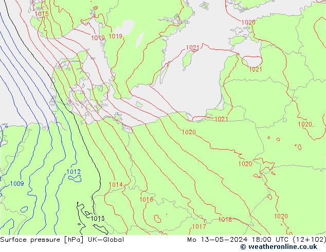 Presión superficial UK-Global lun 13.05.2024 18 UTC