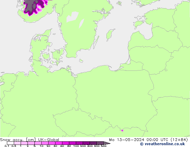 Snow accu. UK-Global Mo 13.05.2024 00 UTC