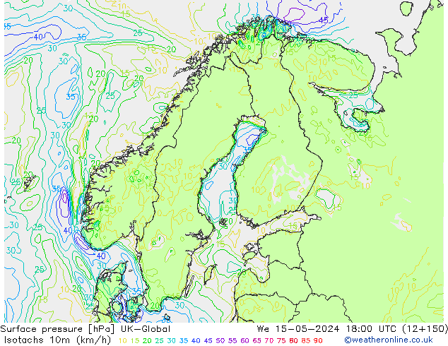 Isotachen (km/h) UK-Global Mi 15.05.2024 18 UTC