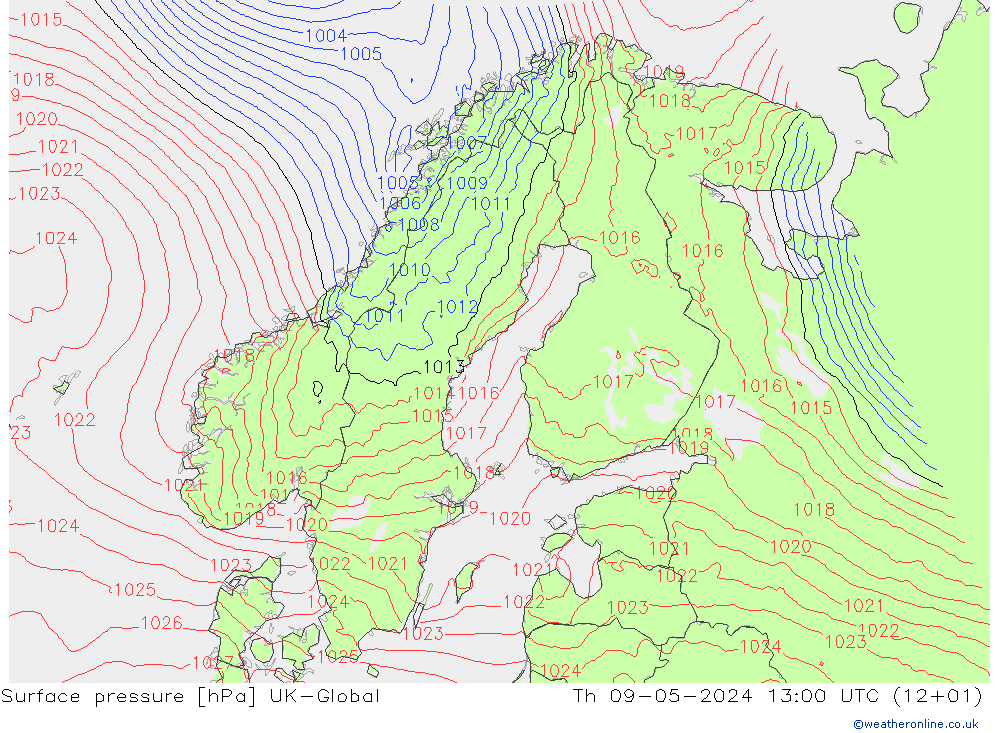 Surface pressure UK-Global Th 09.05.2024 13 UTC