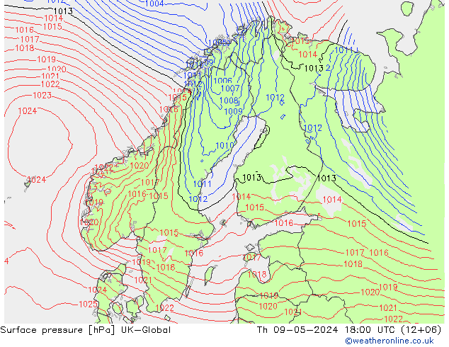 Surface pressure UK-Global Th 09.05.2024 18 UTC